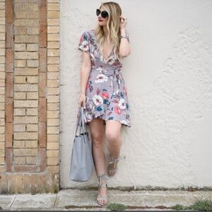 ASTR The Label Short Sleeve Lilac Floral Wrap Mini Dress